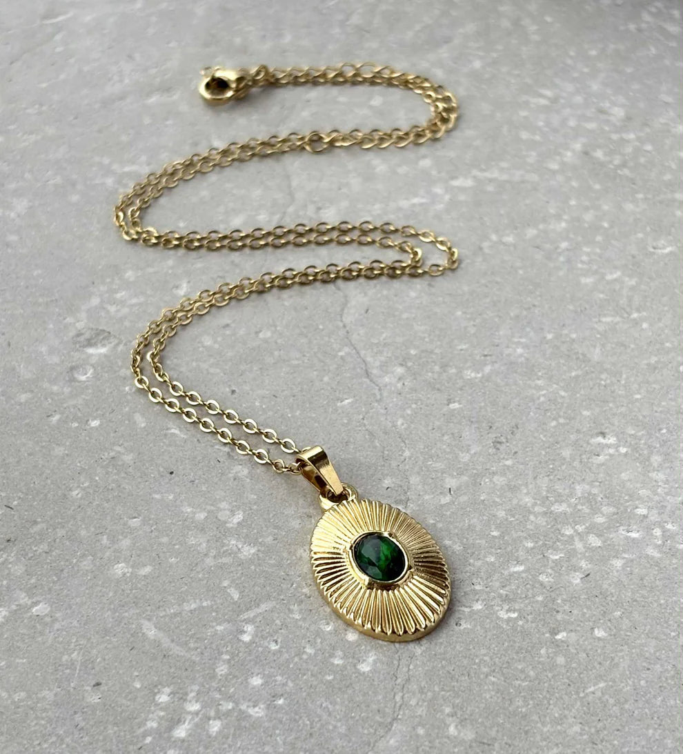 Tarnish Resistant Shield Pendant with Green Stone