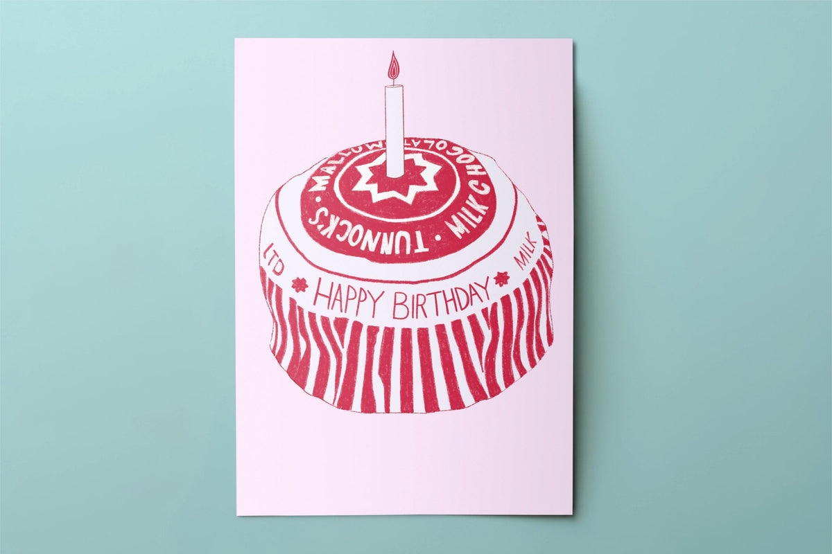 Tunnocks Tea Cake A6 Matte Birthday Card Funny Unique Illustration Handmade