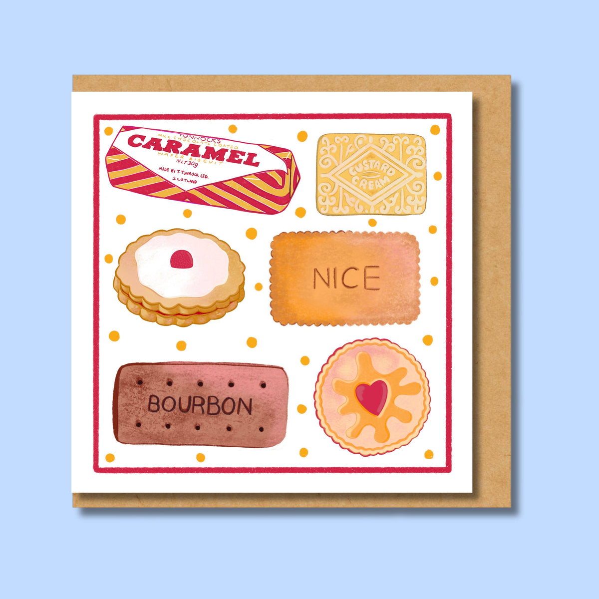 British Biscuit Icons Square hand drawn card with jammie Dodgers and custard creams