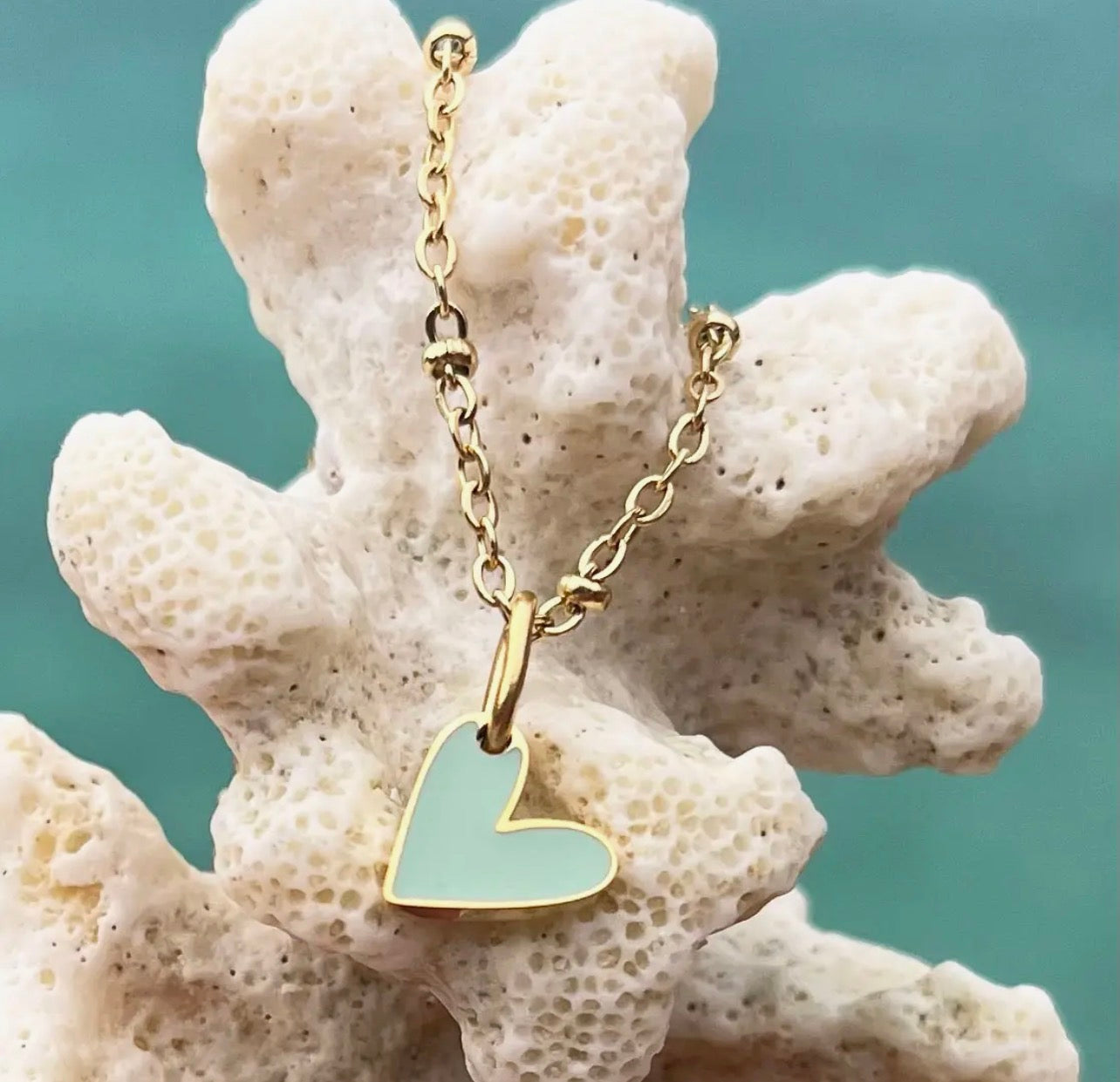 Gold Heart Necklace Charm with Mint Enamel