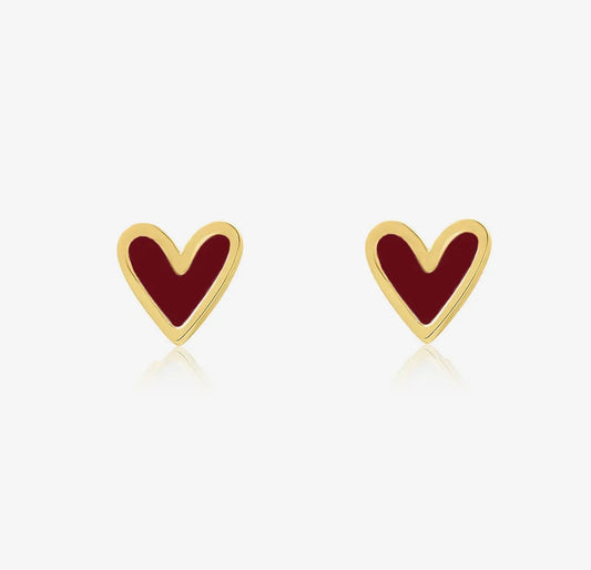 Gold Mini Heart Studs with Ruby Enamel