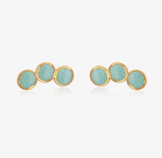 Gold Tri Circle Studs with Mint Enamel