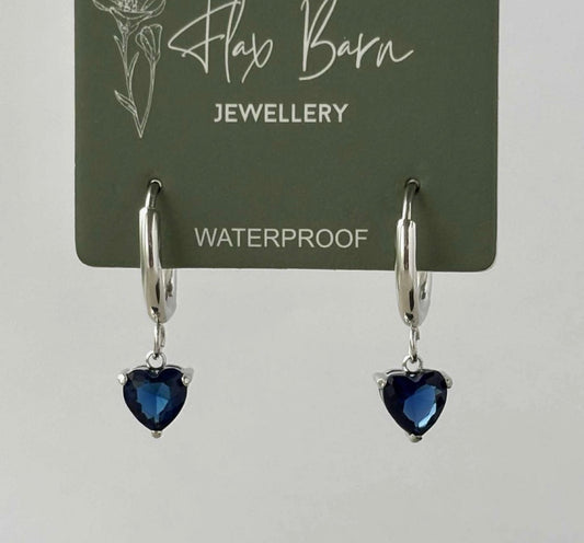 Tarnish Resistant Drop heart Zirconia Huggies - silver and blue