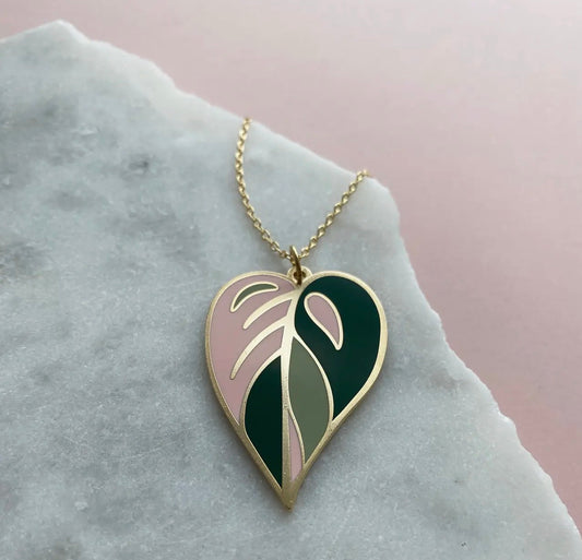 Pink Leaf Enamel Necklace