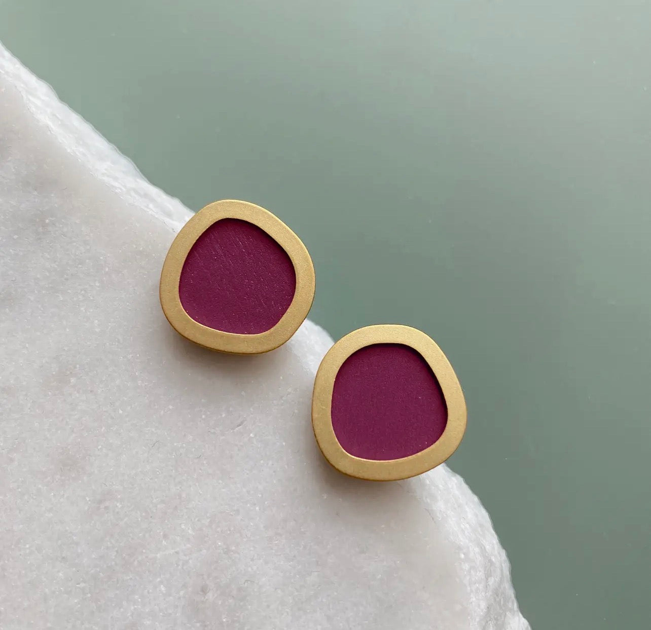 Raspberry Coloured Gold Circle Geometric Stud Earrings