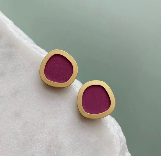 Raspberry Coloured Gold Circle Geometric Stud Earrings