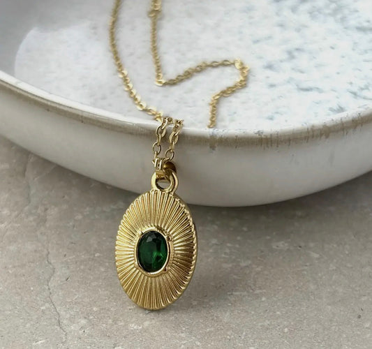 Tarnish Resistant Shield Pendant with Green Stone