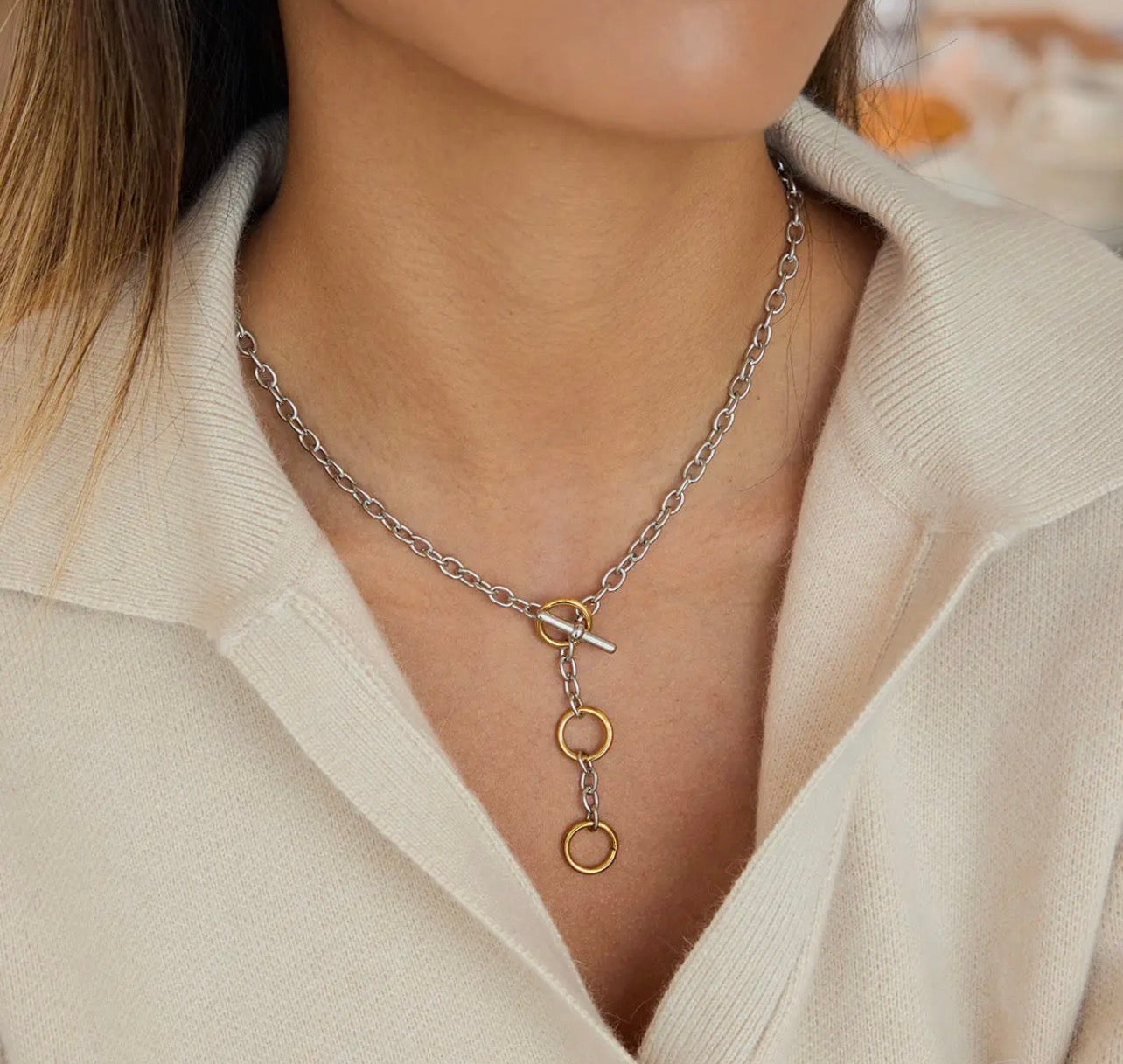 Triple Ring T bar Lariat Necklace - Mixed