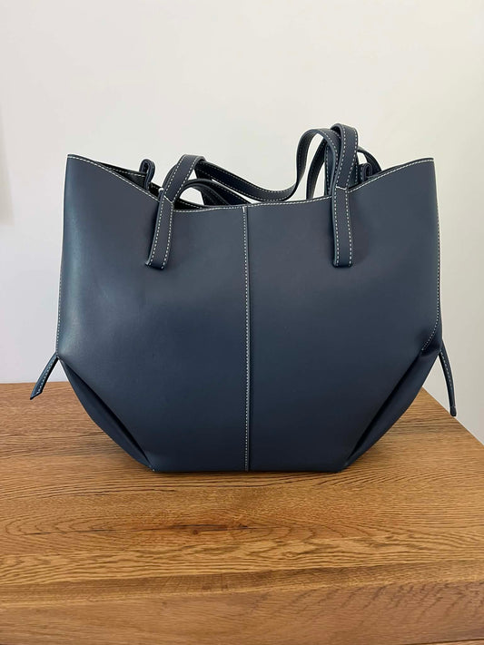 Navy Tote bag with white stitching & pull out cross body bag inside