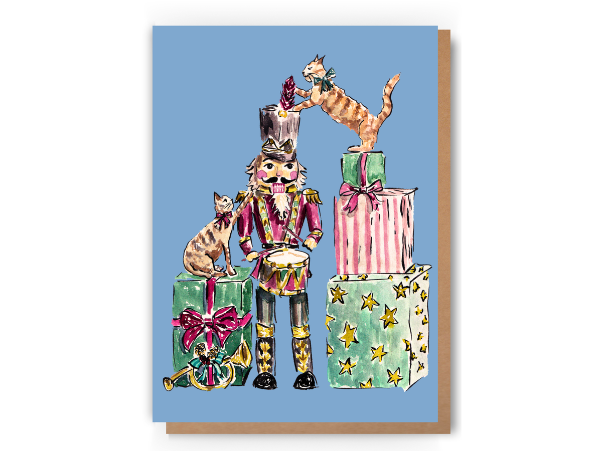 Whimsical Nutcracker & Cats Christmas Card Watercolour